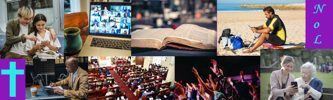 A banner collage of images associated with Christian studies and people connecting in various ways.